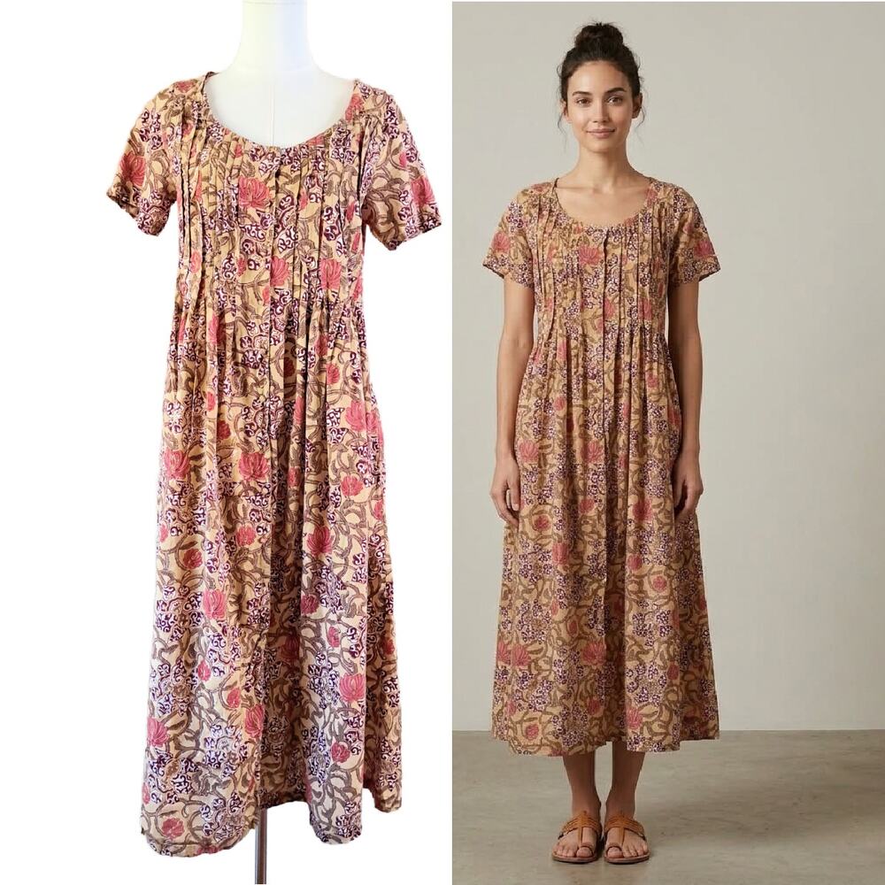 ANOKHI Floral Block Print Cotton Pintuck Midi Dress Small Pink Beige Tan Fall